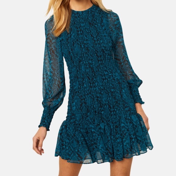 Sold. MISA Roisin Smocked Dress in Snake Teal - Picture 2 of 6